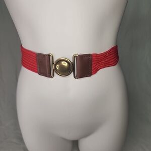 Belt CHAPS Women's Red Elastic Brown Leather brass Interlock 1.5" X 35" VTG